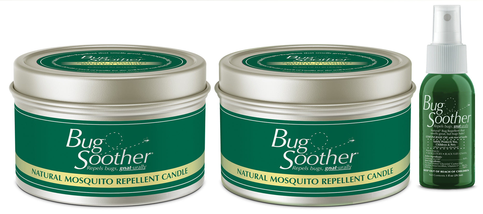 Bug Soother Bug Repellent 2-Pack Candle + 1 oz. Spray Bottle