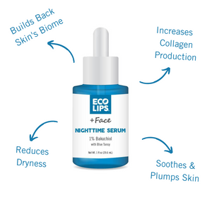 A customer is holding the nighttime serum and applying the dropper to her cheek 